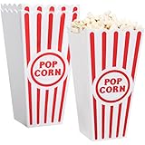 Novelty Place Plastic Red White Striped Classic Popcorn Containers for Movie Night - 7.8 inch Tall x 3.8 inch Square (4 Pack)