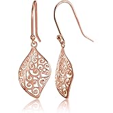 Hoops & Loops 925 Sterling Silver Filigree Cut Scroll 23mm Leaf Shape Design Dangle Hook Earrings for Women Teen Girls, Silver, Yellow, Rose Gold