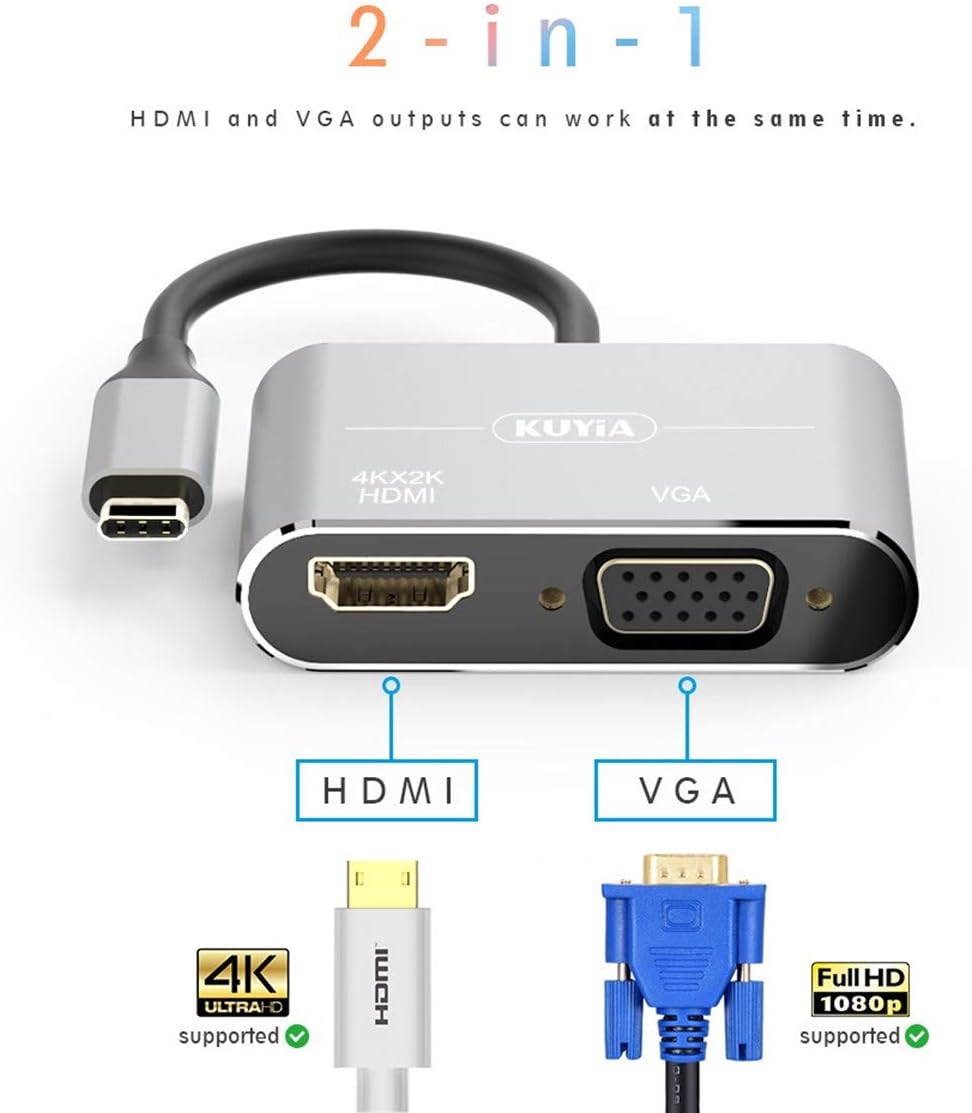 KUYIA USB C to HDMI VGA Adapter, 2 in 1 USB 3.1 Type-C to VGA and HDMI Converter Hub Compatible with MacBook Pro/Air - Image 3