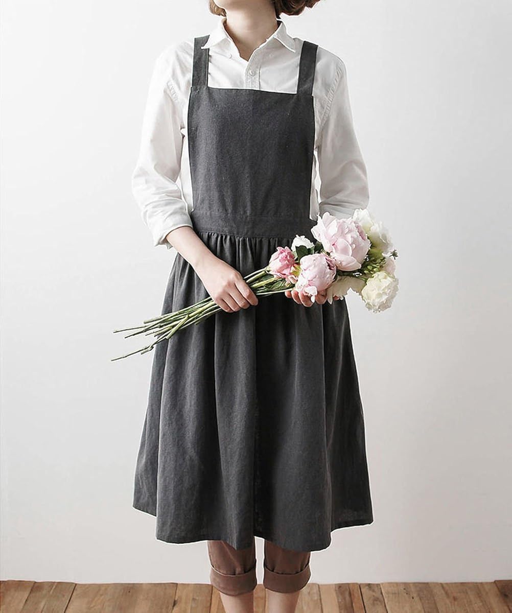 Nanxson Women Cotton Linen Bib Apron Cross Back Work Apron for Cooking, Baking, Crafting, Flower Arrangement CF3046: Clothing