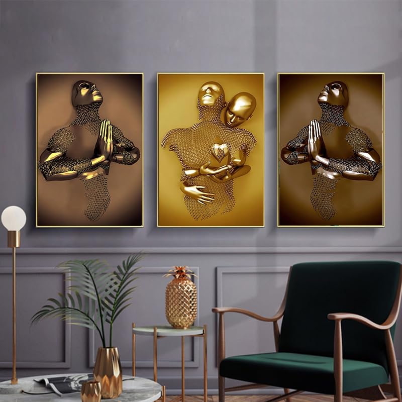 WADBTP Modern Art Metal Figure Canvas Painting Poster, Metal 3D Sculpture Effect, Romantic Lovers Hug Home Poster Set, Frameless (Style 7, 30X40CM*3)