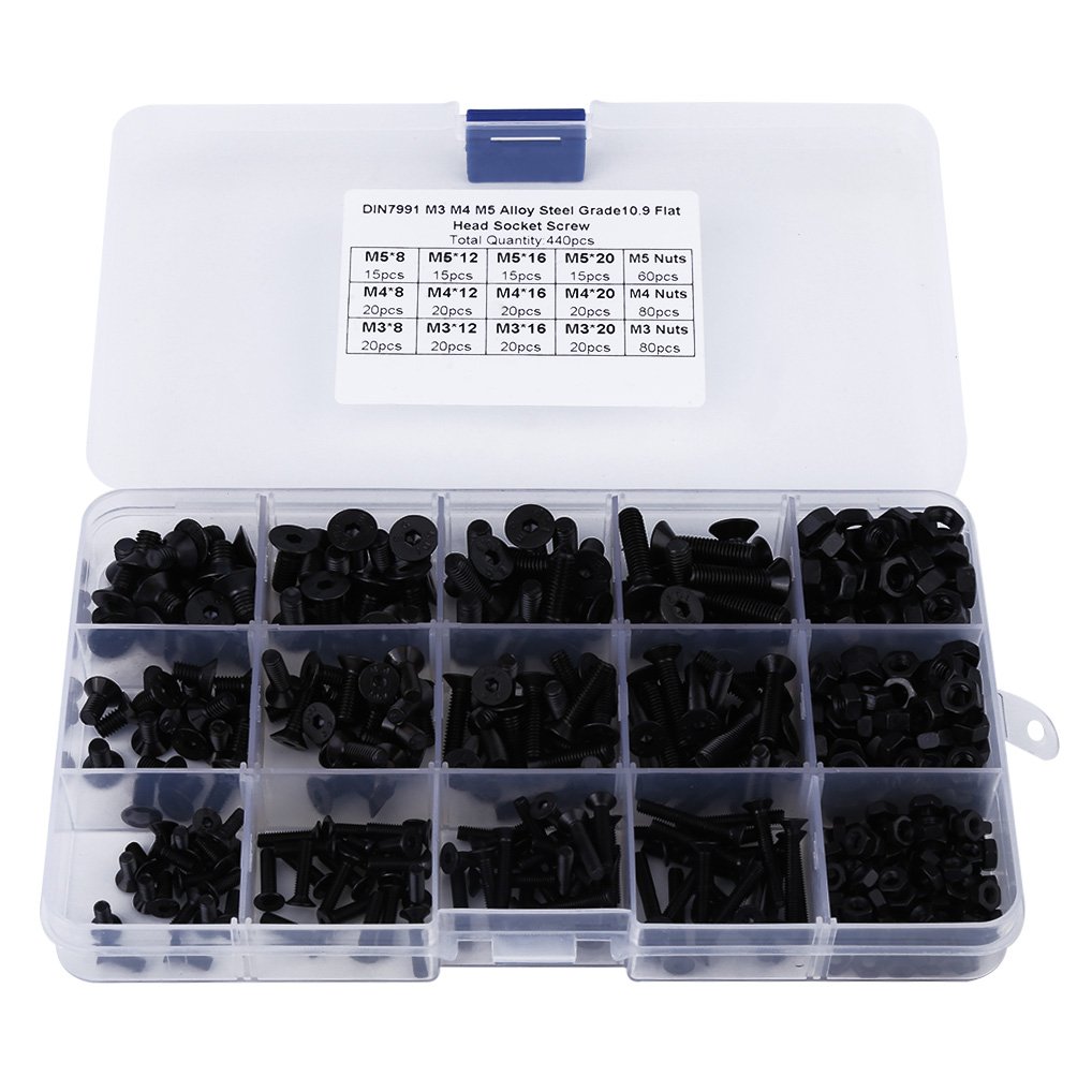 440pcs Metric M3 M4 M5 Flat Head Hex Socket Screw Assortment Black Alloy Steel Screws with Plastic Case for DIY Hardware Projects