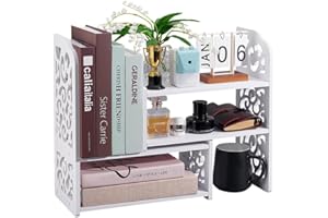 PH PandaHall Wood Desk Shelves Desktop Bookshelf Adjustable Desk Organizers White Corner Bookshelf Organizer Hollow Pattern T