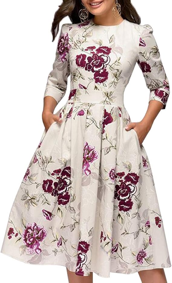 Amazon Co Jp レディース ヴィンテージ 花柄 パーティードレス Aライン 七分袖 膝丈 プリーツワンピース 体型カバー 結婚式 発表会 フォーマル ミディドレス ポケット付き 服 ファッション小物