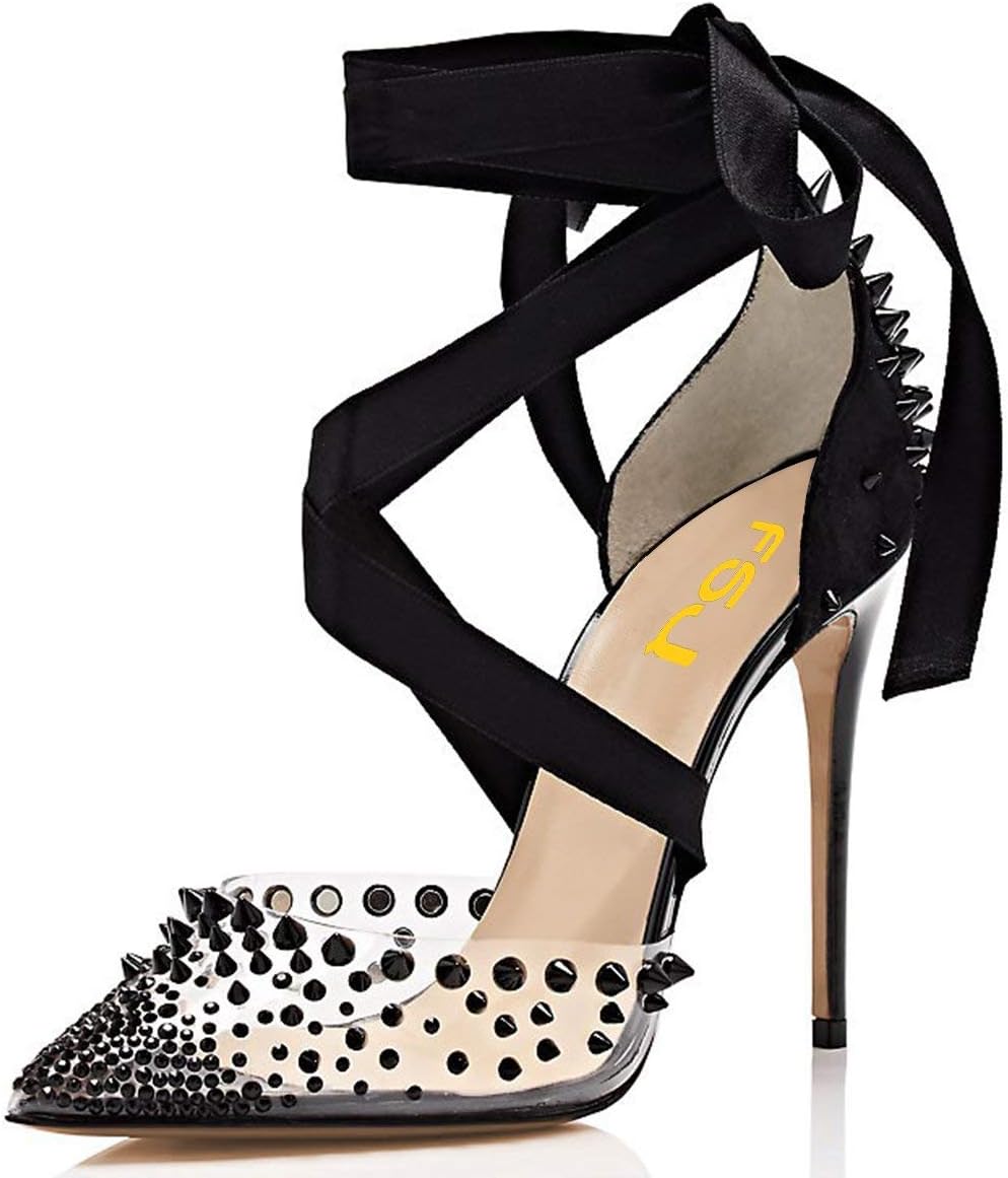 Women High Heel Ankle Strap Sandals Pointed Toe Rivets Pumps PVC Club Dress Shoes with Studs Size 4-15 US