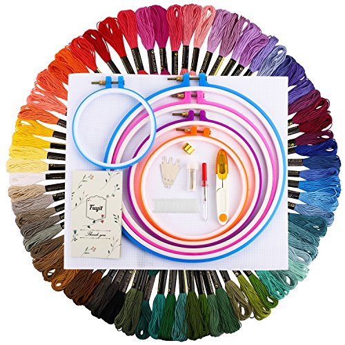 Fuyit Full Range of Embroidery Starter Kit 72 Color Embroidery Floss 5 Pcs Embroidery Hoops 1 Pc 14 Count Classic Reserve Aida and Cross Stitch Tool Kit