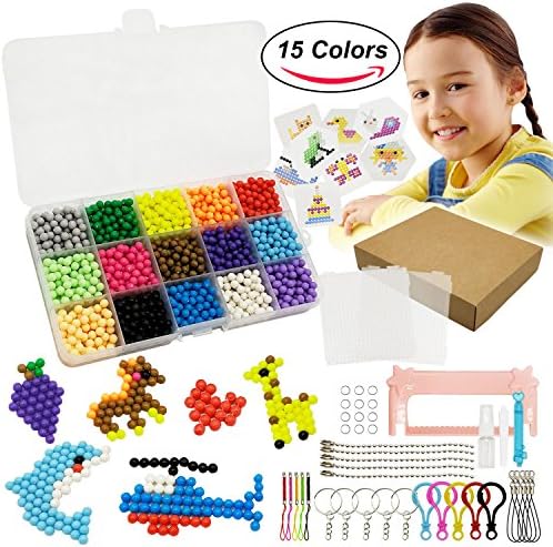 Namii W 2,200 Fuse Beads - 15 Colors Box Water Glued Beads, Tweezers, Scraper, Bead Boards, Spray Bottle, Graphic Jam, Key Chains, Case - Pony Beads DIY Jigsaw Art Case - Works with Perler Beads