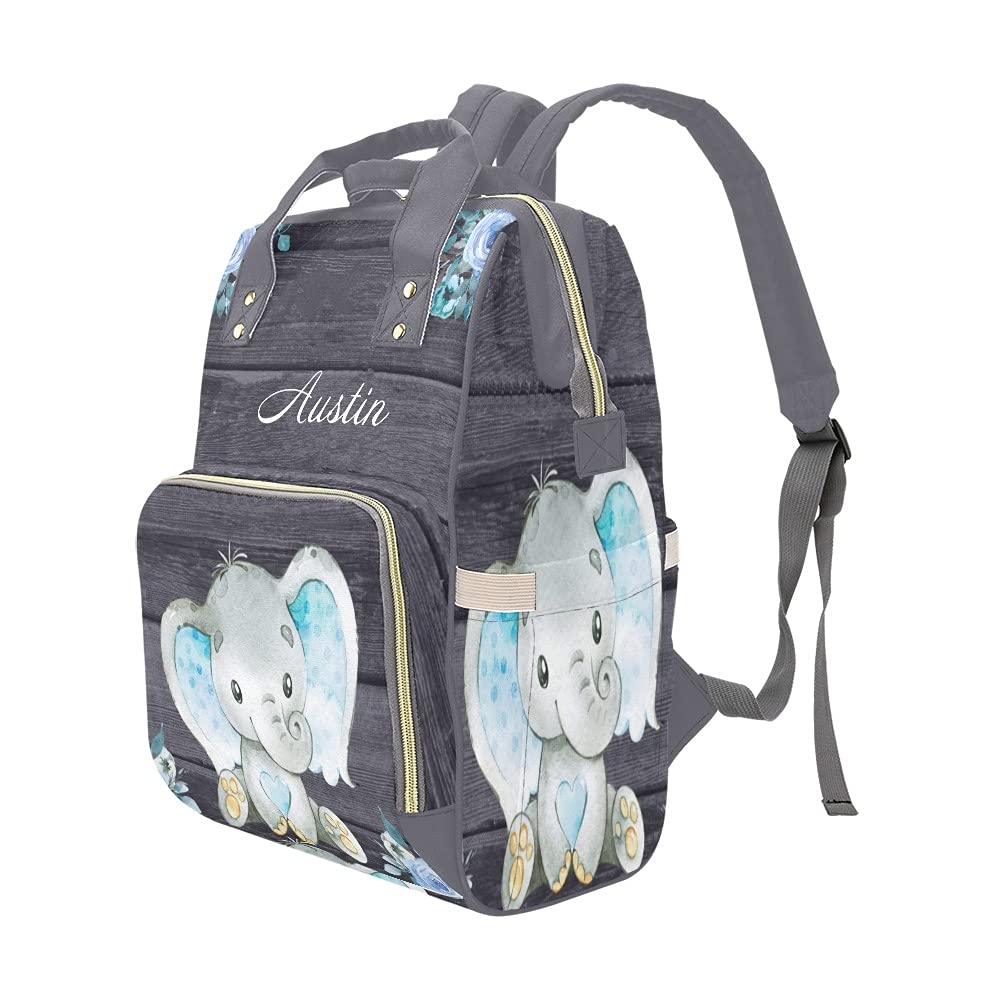 Personalized Cute Blue Elephant Floral Diaper Backpack with Name Text Large Capacity Custom Multi-Function Bag Unisex Travel Backpack for Mom Dad Boy Girl, 10.83 in L x 6.69 in W x 15 in H