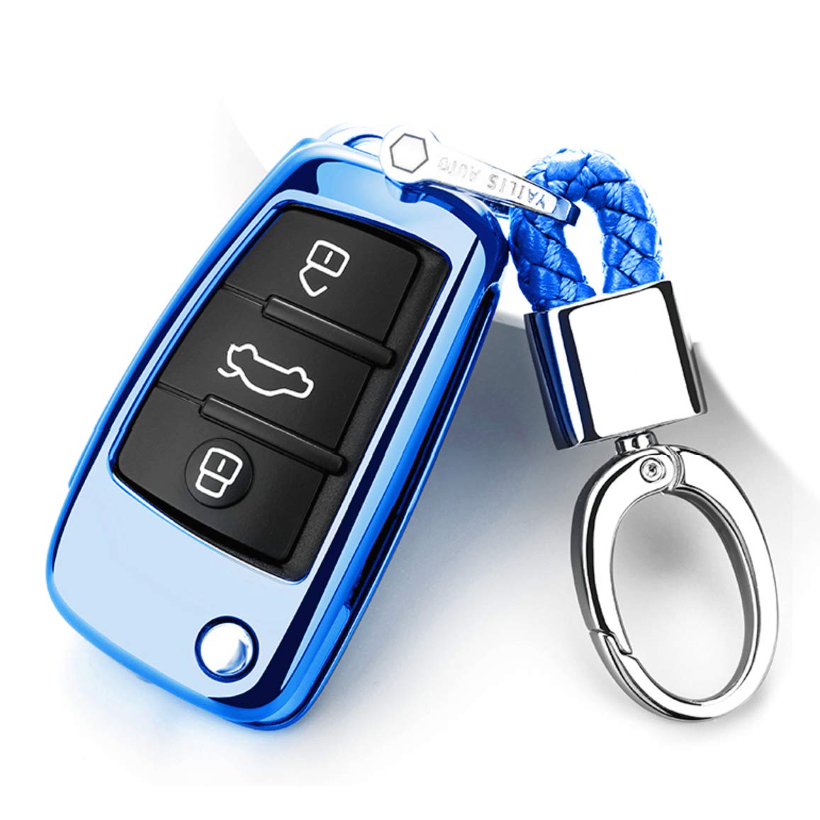 ontto Key Shell Folding Flip Key Fob Case Cover with Braided Cord Keychain 360 Degree Full Protection TPU Key Holder for A3 A4 A6 A6L A8 TT Q7 S6 Blue
