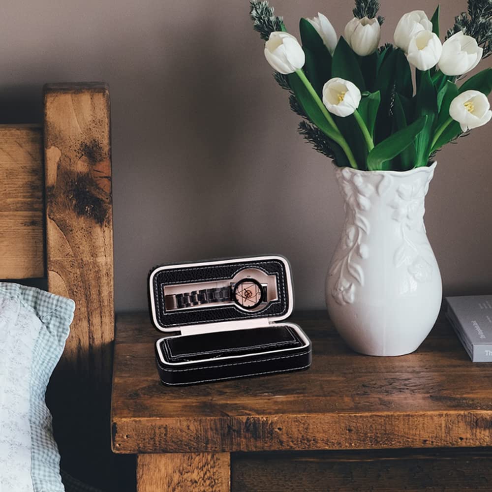 watch travel case,travel watch cases for men, PU leather zipper storage case watch organizer, 2 place notch portable travel watch zipper case, suitable for living room bedroom and travel