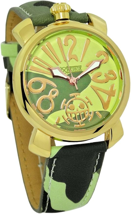 Amazon One Piece ワンピース アーミー柄 腕時計 トラファルガー ロー ゴールド 本牛革 ベルト レザー 迷彩柄 海賊旗 ドクロ 金色 ゴールド グリーン 緑 並行輸入品 メンズ腕時計 腕時計 通販