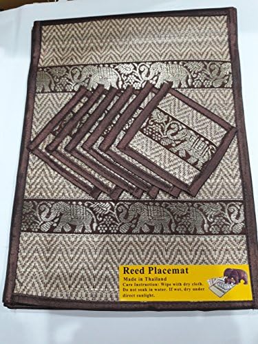 Set of 6 Thai Silk Elephant Woven Straw Reed Placemats and Coaster Set Handmade, Everyday Use in Kitchen, Table MAT Dinning Brown Border 36 cm x 27 cm
