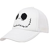 Nightmare Before Christmas Boys Baseball Hat, Mesh Back Snapback, Adjustable Fit, Embroidered Jack Skellington Face, White
