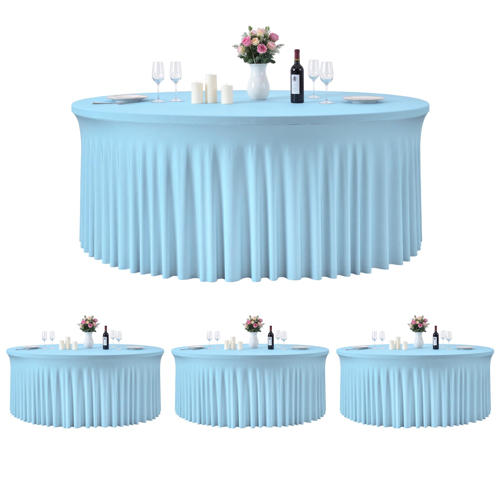 4 Pack 120 Inch Sky Blue Cloth Tablecloth for 5 FT Round Tables, Stretchy Fitted Circle Picnic Tables Cloths, Spandex Table Cover with Table Skirt for Wedding Photography Party Events Kids’ Birthday