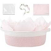 OIAHOMY Gift Basket Empty with Handle, 12"x 8"x 5" Small Woven Basket with Gift Bag, Ribbon and Wrap Tissue Paper, Dog Toy Storage for Organizing - Pink & White