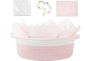 OIAHOMY Gift Basket Empty with Handle, 12"x 8"x 5" Small Woven Basket with Gift Bag, Ribbon and Wrap Tissue Paper, Dog Toy Storage for Organizing - Pink & White