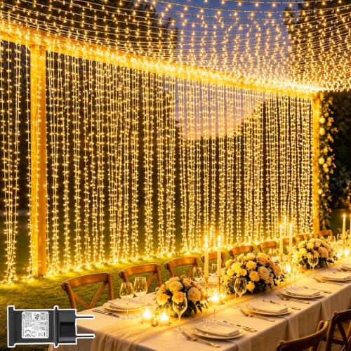 Lichtfam Curtain Lights, 6 x 3 m 600 LED Waterfall Lights with Plug, 8 Modes Decoration Wedding Waterproof Curtain Light for Balcony Garden Party Wall Ceiling Room Indoor Outdoor