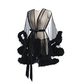 Robes For Women Tulle Robe with Faux Fur Trim, Sexy,Soft and Comfortable,Perfect for Spa Nights and Maternity Photoshoot