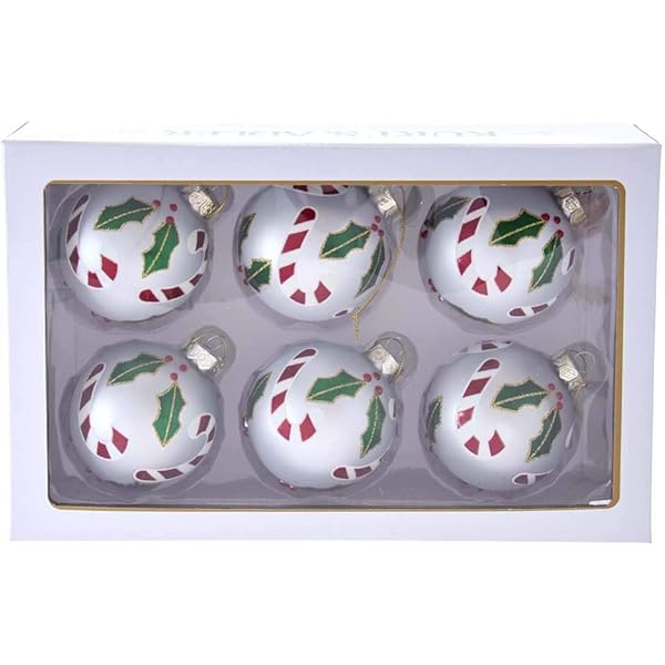 Amazon Com Kurt S Adler 80mm Silver Glass Ball Holly Accent And Candy Canes 6 Piece Boxed Ornament Set Multi Home Kitchen