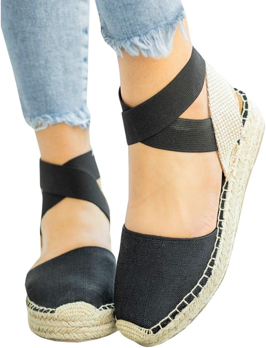Liyuandian Womens Open Toe Espadrille Ankle Strap Boho Lace Up Rivet Flatform Sandals