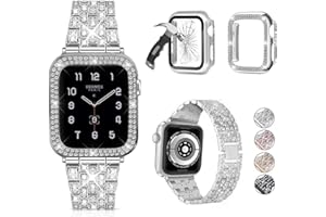 JOHIPI 3-Pack Compatible For Apple Watch Band 38mm 40mm 41mm 42mm 44mm 45mm 46mm 49mm with Case, Bling Diamond Metal Band with Diamond Case + Screen Protective Cover For iWatch Series 10 9 SE 8 7 6 5 4 3 2 1 (Silver, 46mm)