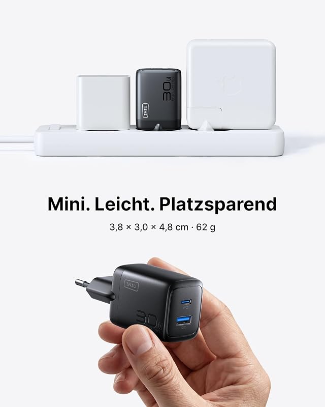 30W USB C Ladegerät, Dual-Port GaN Schnellladegerät mit 1,5m 60W Kabel