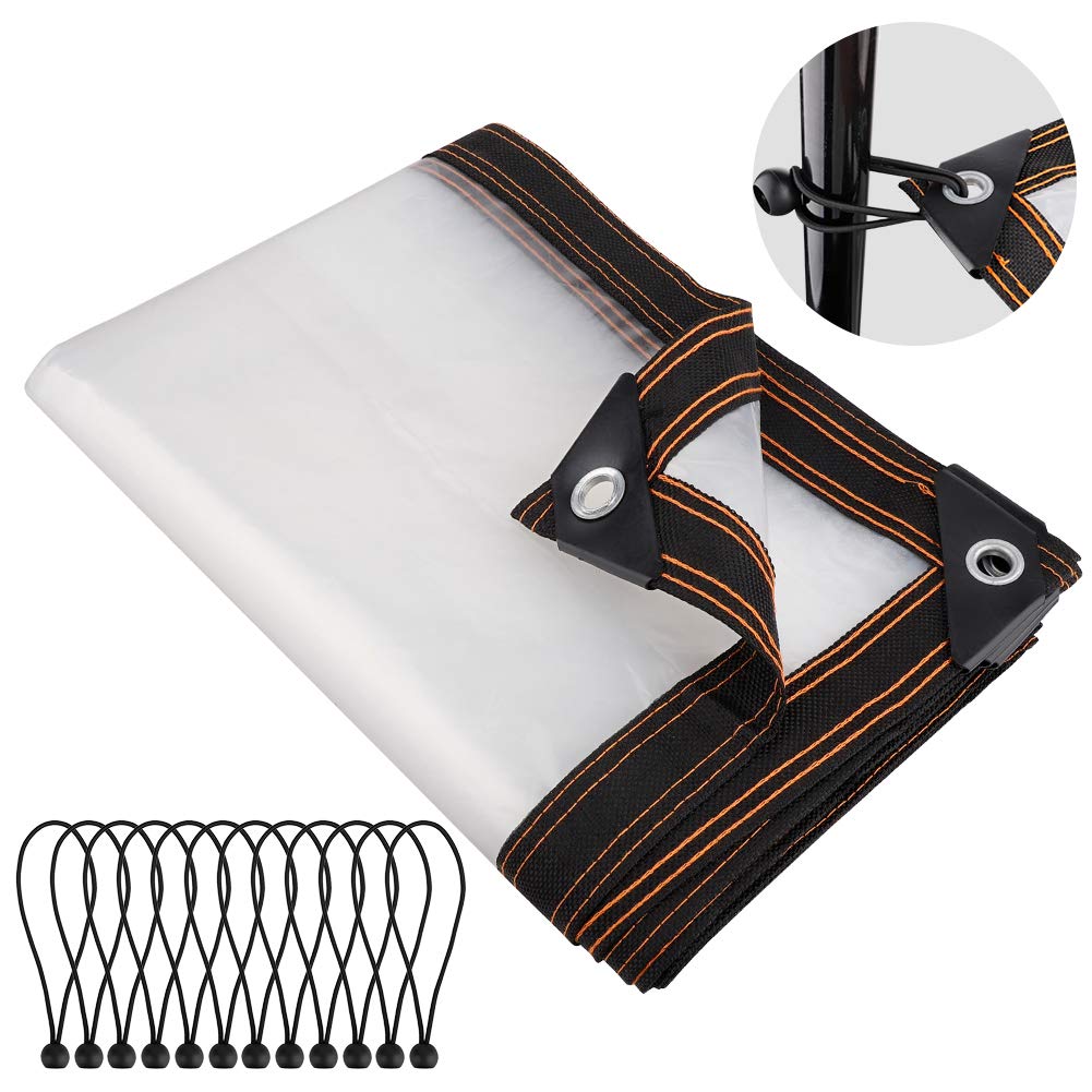 SIYANO 2x2m Waterproof Clear Tarpaulin Sheet with Eyelets Bungees Ball Cord, Foldable Rainproof Balcony Canopy Sun Shade Plant Cloth, Cover Sunblock Tarp Sheet for Outdoor Camping Fishing Gardening