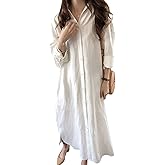 GGUHHU Womens Chic Button Down Rolled-Up Sleeve Long Cotton Blouse Maxi Dress