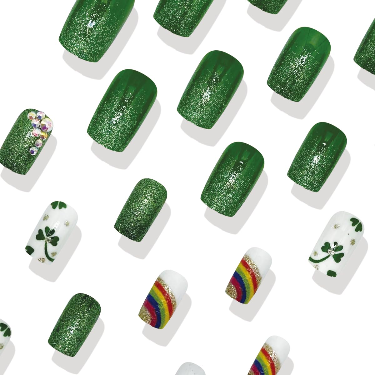 St.Patrick's Day Shamrock Press on Nails Medium Square Fake Nails with Glitter Nail Rhinestones Design Holiday Acrylic Artificial ons Nails Full Cover Glue on Nails Irish False Nails for Women - Image 4