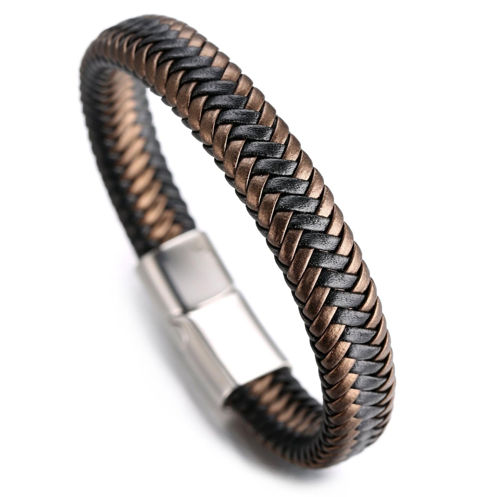 HALUKAKAH ● Jazz ● Men's Genuine Leather Golden Brown Handmade Braid Bracelet Titanium Magnetic Clasp 8.5"(21.5cm) with Free Giftbox