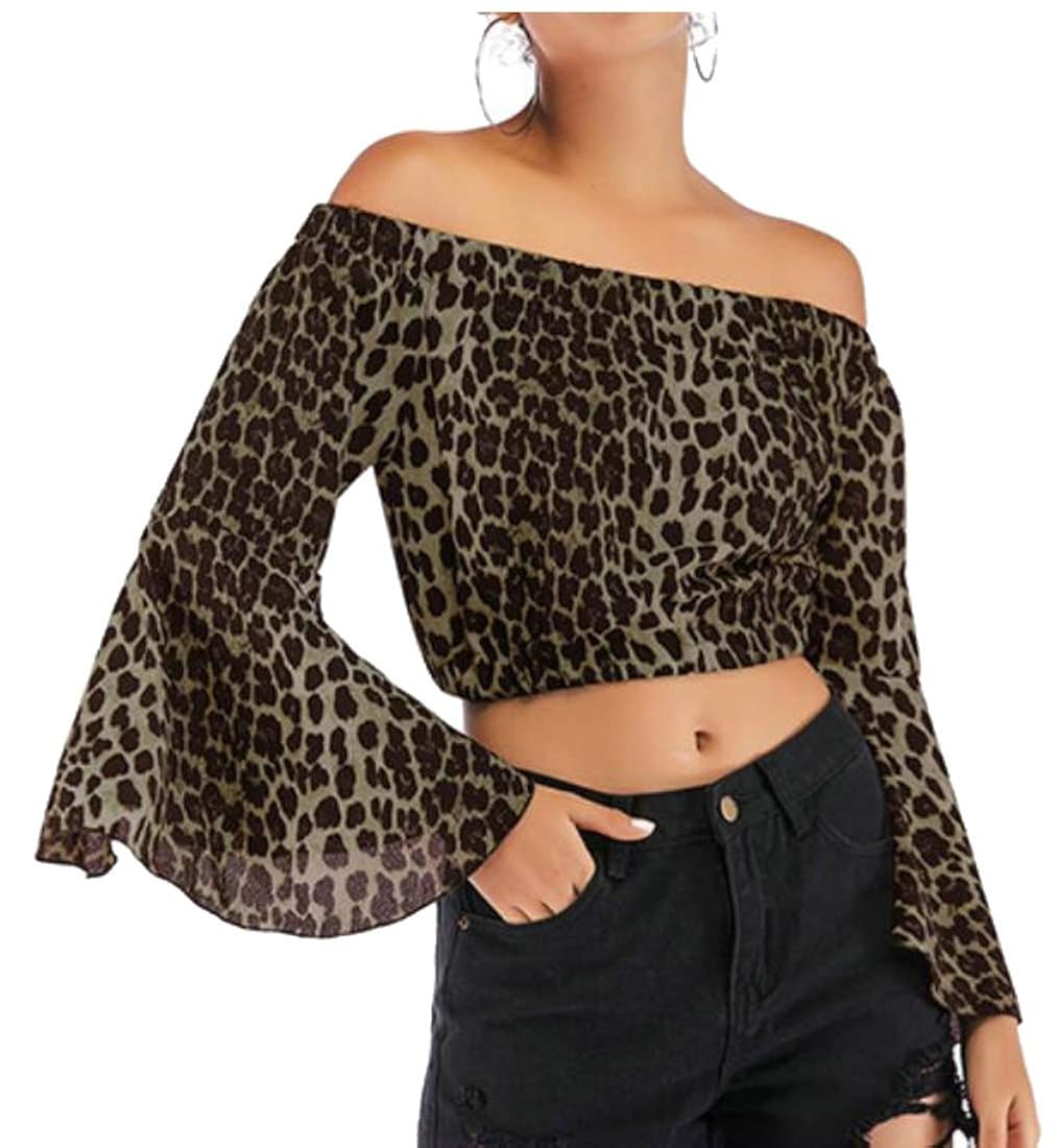 Yyg Womens Off Shoulder Sexy Leopard Printed Pagoda Sleeve