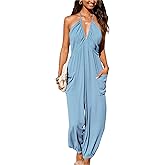 CUPSHE Women's Plunge Halter Sleeveless Pleated Long Romper Knit Jogger Maxi Jumpsuit with Pockets