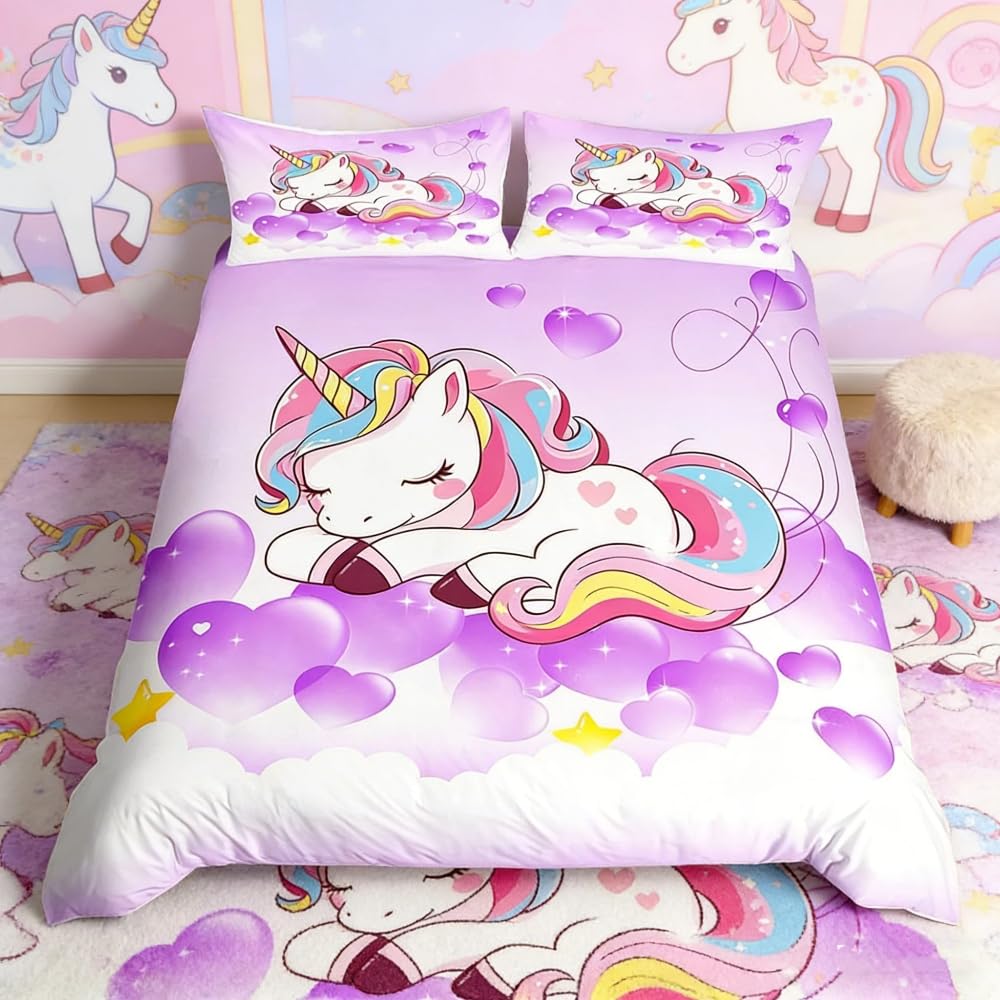 Loussiesd Girls Bedding Set Unicorn Kids Single Bedding Animals Printed Duvet Cover Set for Bed Women Magical Unicorn Love Bedding Set Purple Dreamy Heart Purple Room 2pcs, zipper closure