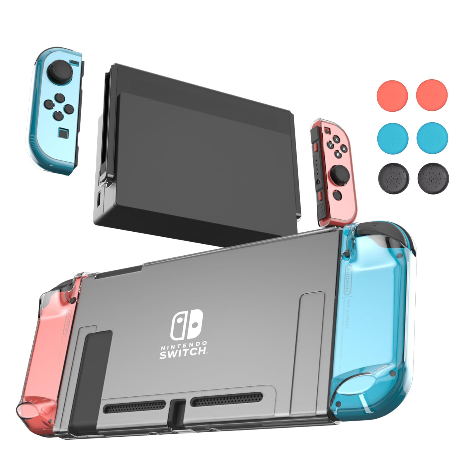 Switch Protector Dockable Case - Clear Hard Shell Cover with Joy-Con Grip TPU, Tempered Glass Screen Protector & Thumb Caps - Protective Accessories Kit for Nintendo Switch Console
