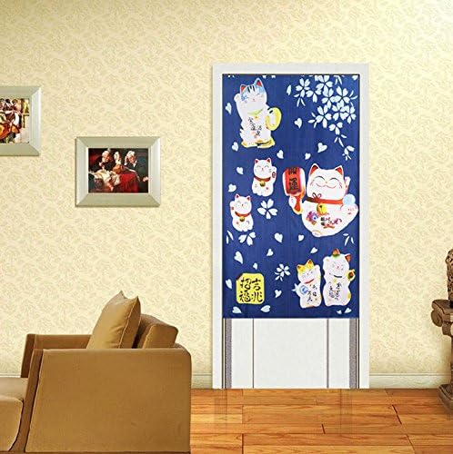 Japanese Noren Doorway Curtain with Lucky and Fortune Cats Pattern Auspicous Maneki Neko Door Curtain (Blue)