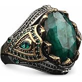 BayVog Emerald Ring for Men, 925 Sterling Silver Natural Emerald Ring | Faceted Oval Centerpiece, Intricate Engraved Details, Gold-Tone Accents, Turkish Style, Bold Handcrafted Design