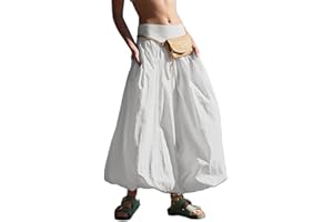 NUFIWI Women Y2k Bubble Maxi Skirt Low Elastic Waist A Line Long Skirt Summer Casual Ruffle Pleated Midi Dress