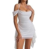 KUTUMAI Women Sexy Bodycon Mini Dress Ruffle Mesh Ruched Short Homecoming Party Club Dresses