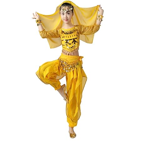 Magogo Bauchtänzerin Kostüm Outfit 6pcs Kit für Mädchen, Kinder Arabian Princess Indian Dance Chiffon Kleidung Anzug