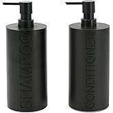 2-Pack Matte Black Resin Refillable Shampoo & Conditioner Bottles – Modern Bathroom Pump Dispenser Set, Durable Resin Shower Containers with Embossed Labels, Reusable Pump Bottle