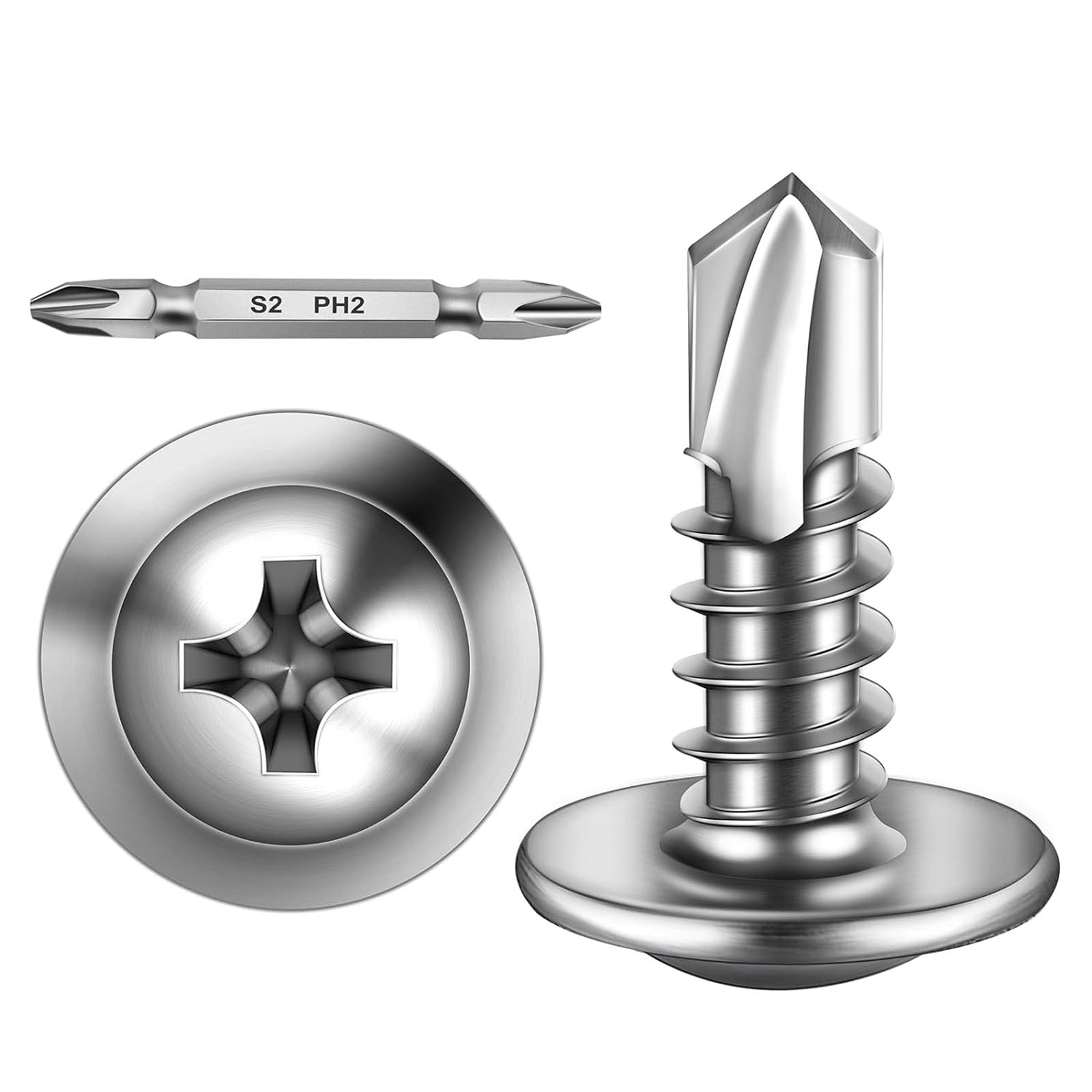 Pack of 300 Self Tapping Screws 4.8 x 16 mm Stainless Steel Flat Head with Disc and Phillips Screwdriver Bit