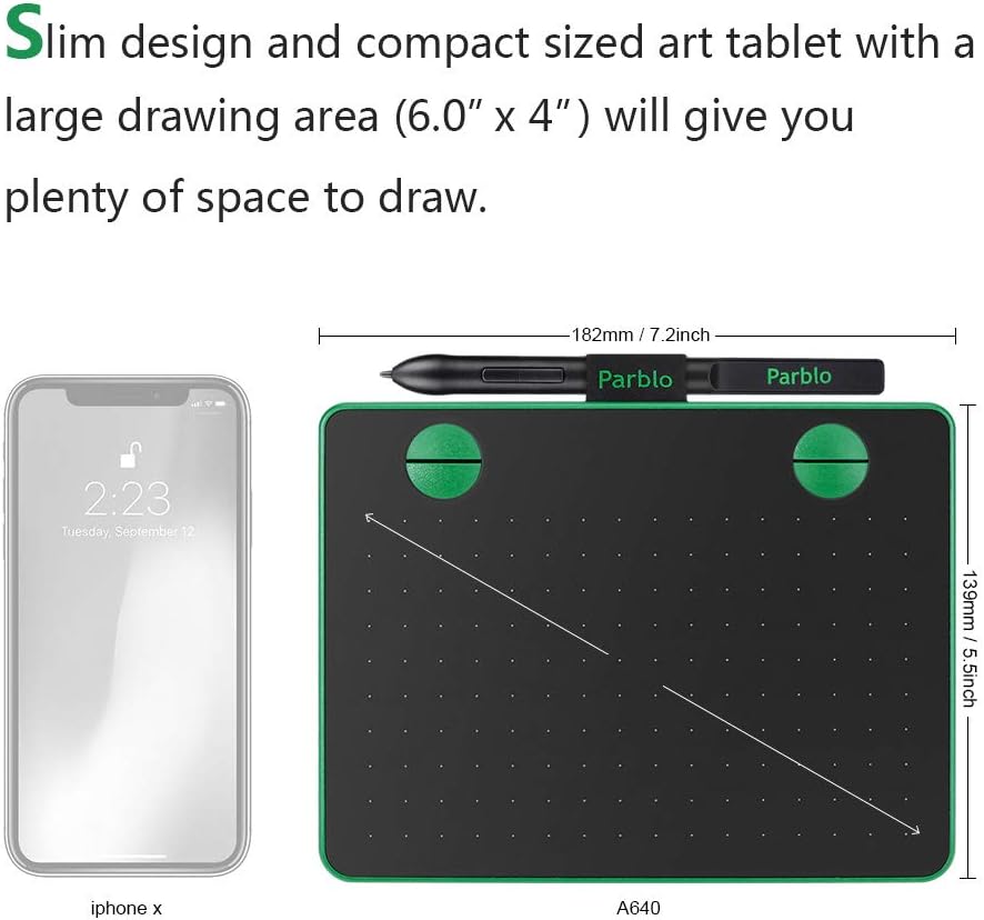 Parblo A640 Drawing Tablet with 8192 Levels Battery-Free Stylus Pen, 7.2 x 5.9 Inches Graphic Drawing Tablet for Digital Art Works, Drawing, Sketch, Design, Paint (Green): Computers & Accessories