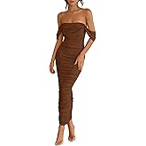 PRETTYGARDEN Womens 2026 Summer Off The Shoulder Dress Ruched Bodycon Sleeveless Split Cocktail Party Maxi Dresses