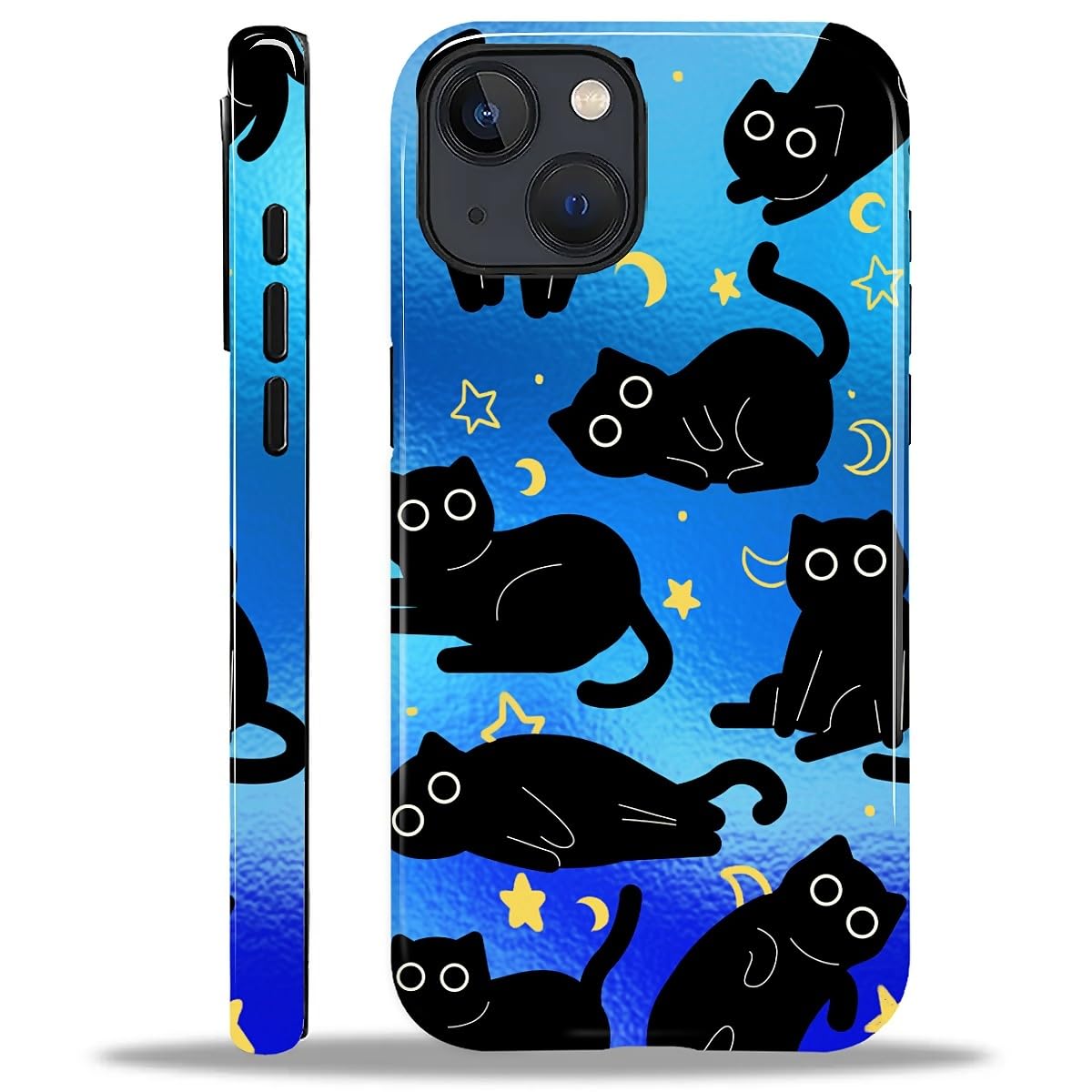 MQJCYB Case for iPhone 14 Plus, Hybrid Heavy Duty 2 in 1 Full Body Rugged Shockproof Protection Glossy Case for iPhone 14 Plus - Shiny Black Cat
