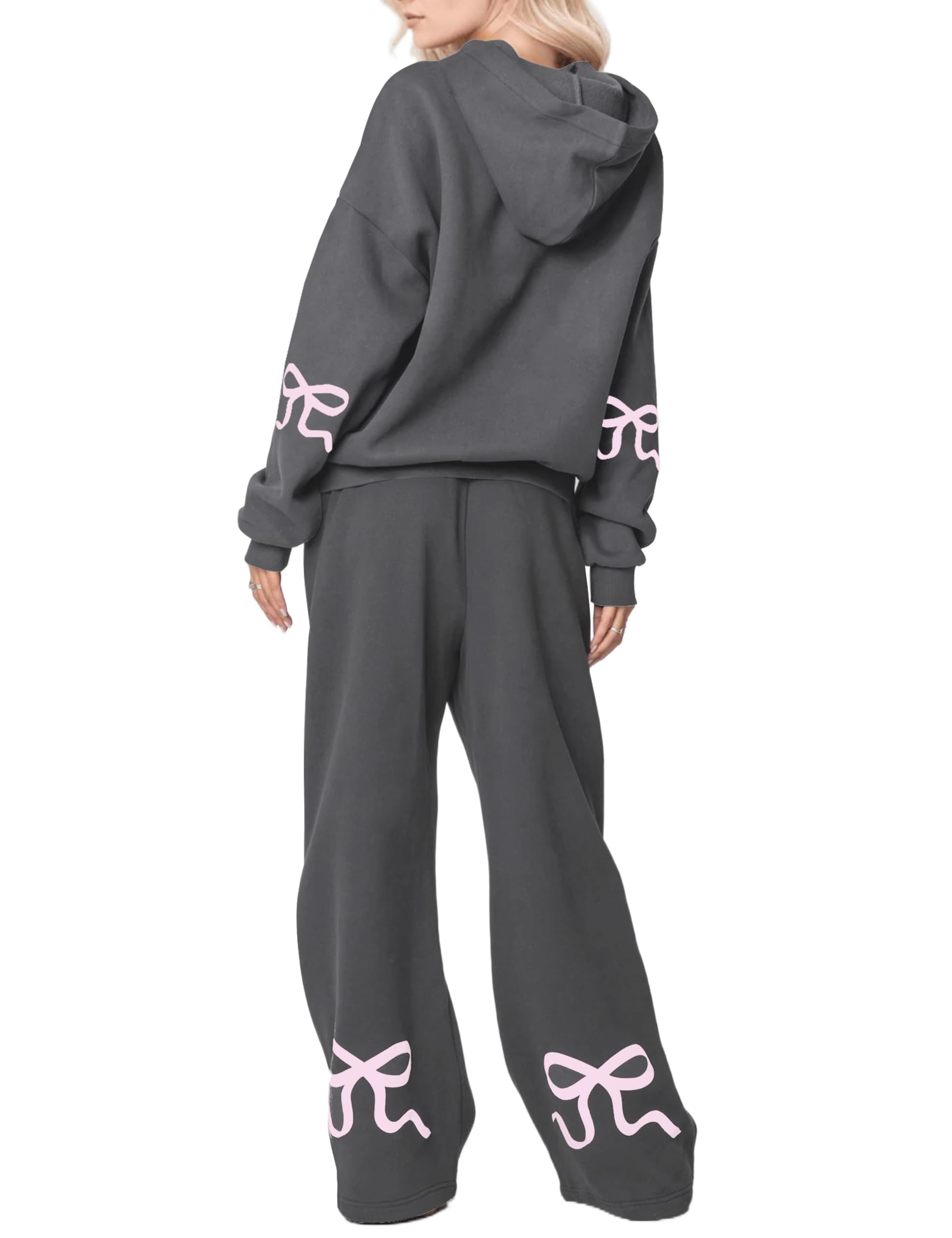 Photo 1 of OLAPTA Women 2 Piece Outfits Bow Print Long Sleeve Hoodies Sets Graphic Sweatshirts Baggy Wide Leg Sweatpants Fall Sweatsuits(Large,Dark Grey)