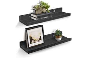 MIRROTOWEL Small 16” Floating Shelves for Wall Décor Storage, Set of 2, Wood for Bedroom, Living Room, Bathroom, Kitchen, Picture Ledge and Farmhouse（Black）
