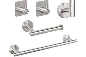 TocTen Bathroom Hardware Set, Thick Stainless Steel Bath Towel Bar Set Including Towel Rack for Bathroom+Toilet Paper Holder+3 Robe Towel Hooks Wall Mount Bathroom Accessory Set(16IN,Brushed Nickel)