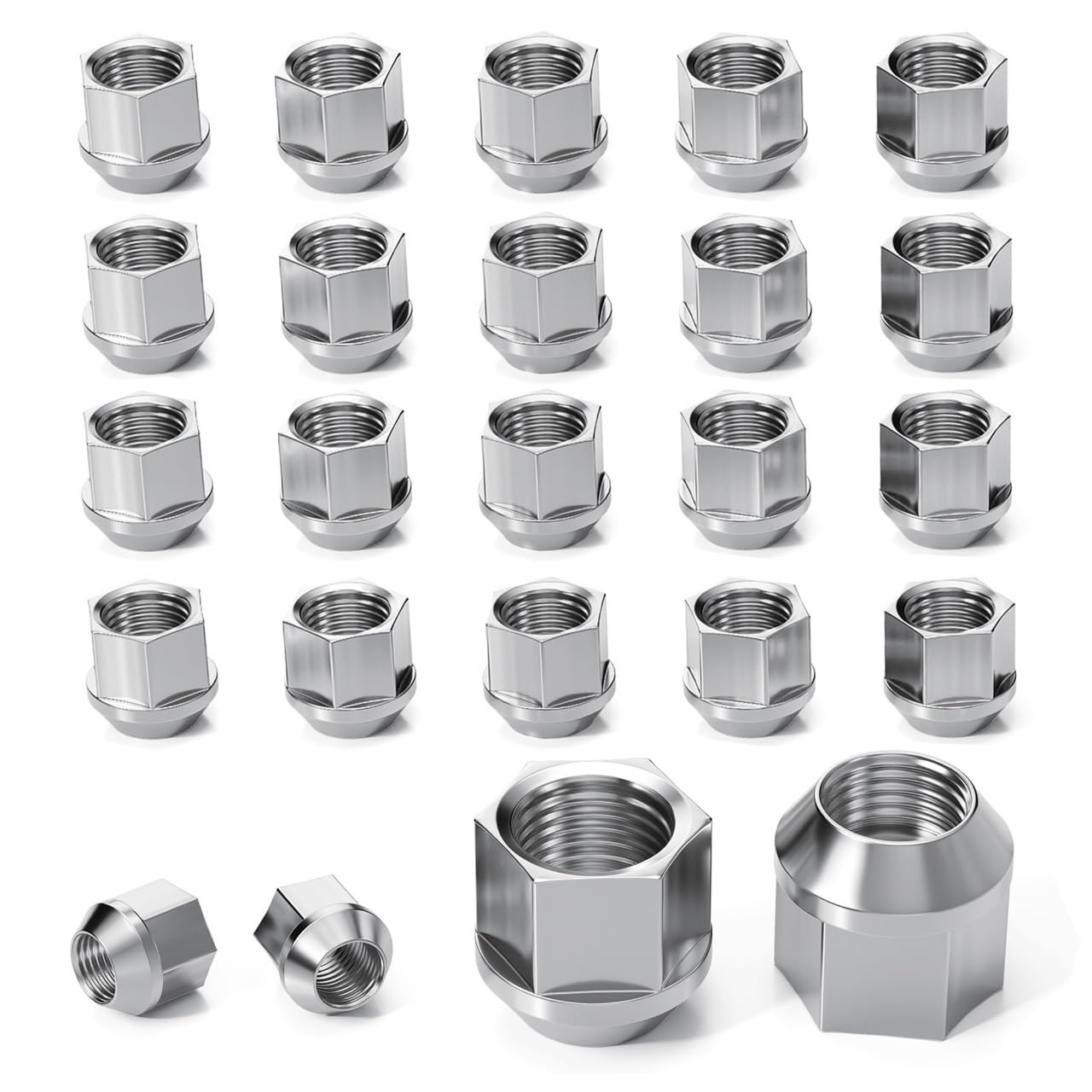 Photo 1 of YONGSHENGONE 24 PCS M14x1.5 Wheel Lug Nuts, Open End Cone Seat Bulge Acorn Lug Nut One-Piece lugnuts 0.83" (21mm) Long, 0.87" (22mm) Width, 3/4" (19mm) Hex, Chrome