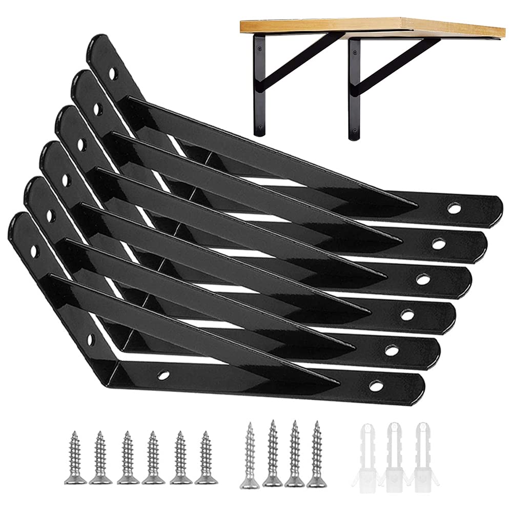 6 Pack Shelf Bracket Heavy Duty, Alloy Steel Triangle Shelf Brackets, 6 inches Right Angle Wall Mounted Floating Table Supporter Bracket Frame