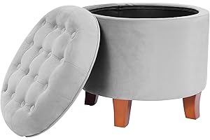 HomePop by Kinfine Fabric Upholstered Round Storage Ottoman - Velvet Button Tufted Ottoman with Removable Lid, Light Gray